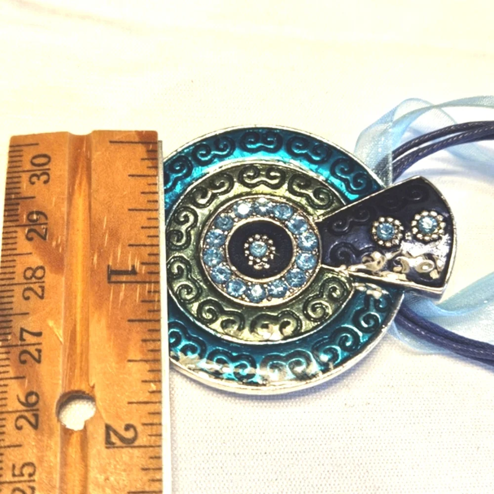 Vintage Silver Etched Blue Rhinestone Enamel Pendant Pierced Earrings Set